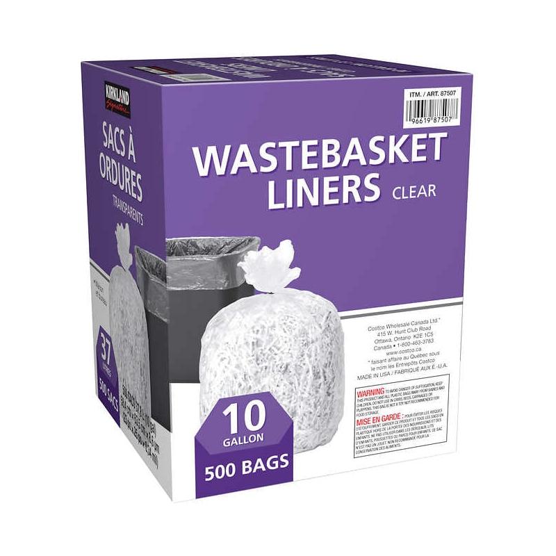 Kirkland Signature 10 Gallon Clear Wastebasket Liner, 3 Pack (500 Bags)